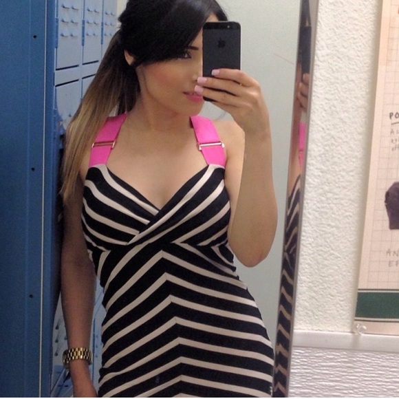 Ted Baker Black and White Strapless Dress with Pink Straps - Picture 1 of 6